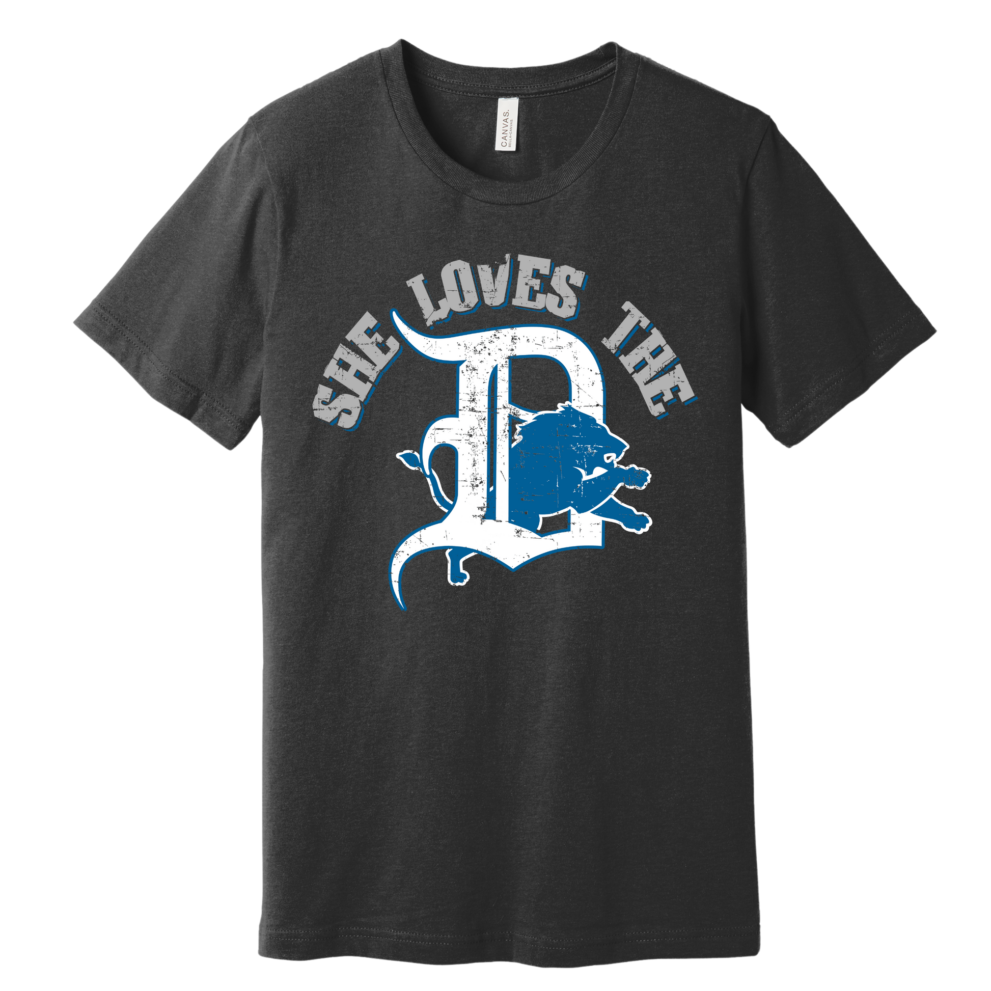 Charcoal Heather unisex T-shirt with bold distressed Detroit-themed graphic