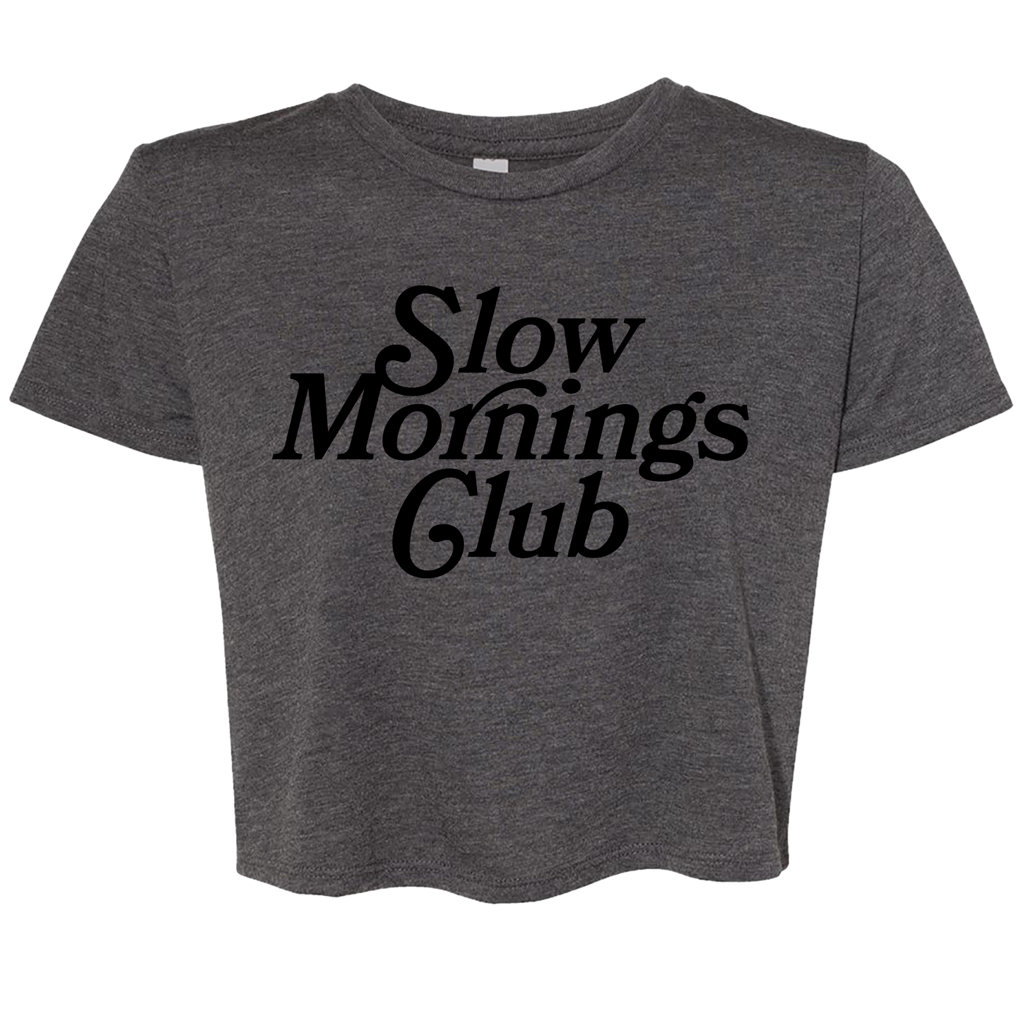 Dark Gray cropped t-shirt with bold black text “Slow Mornings Club”