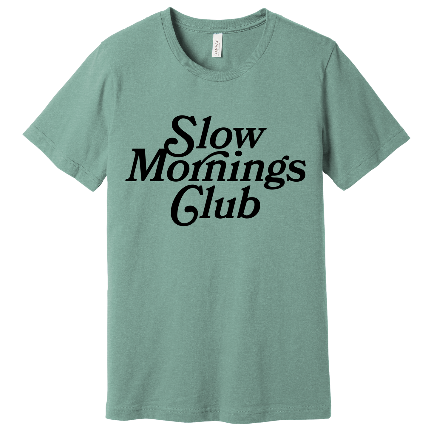 Dusty Blue unisex t-shirt with bold black text “Slow Mornings Club” in retro font