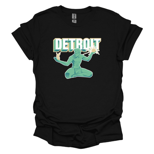 Unisex black t-shirt with Spirit of Detroit statue and bold retro “Detroit” text printed on front