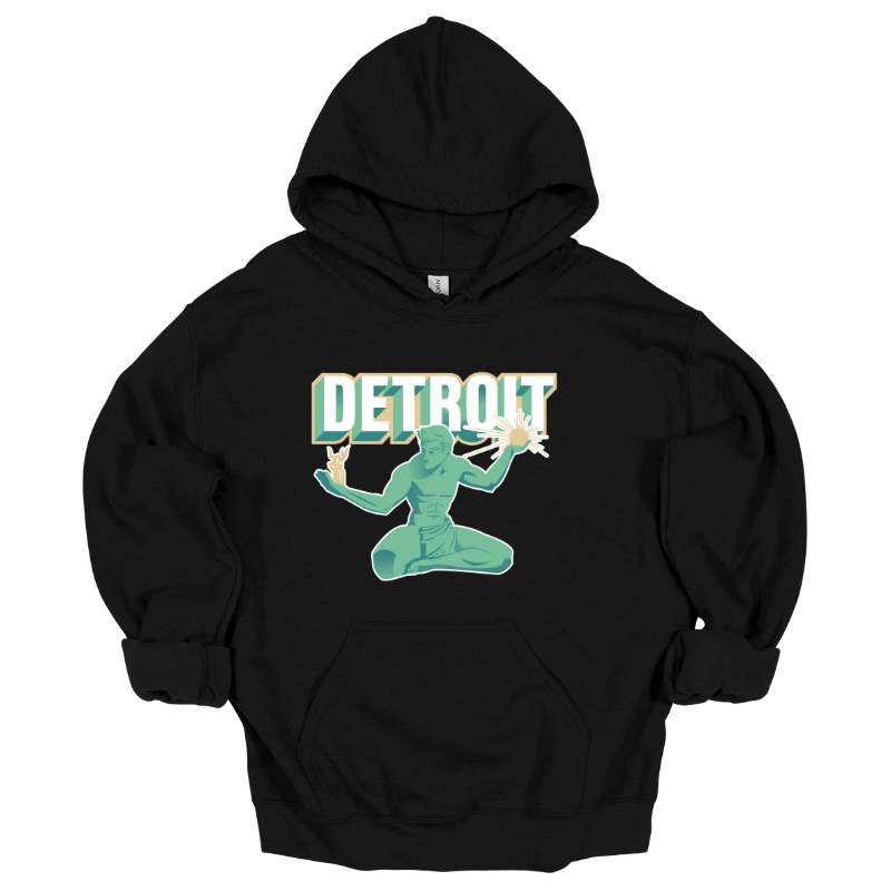 Black hoodie with graphic of the Spirit of Detroit statue and bold retro “Detroit” text in green and cream