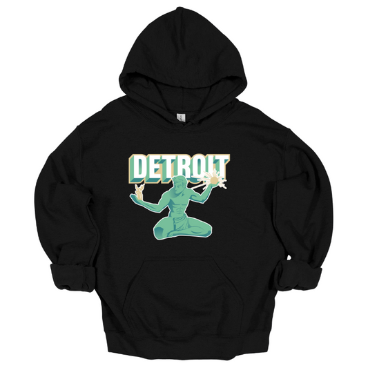 Black hoodie with graphic of the Spirit of Detroit statue and bold retro “Detroit” text in green and cream