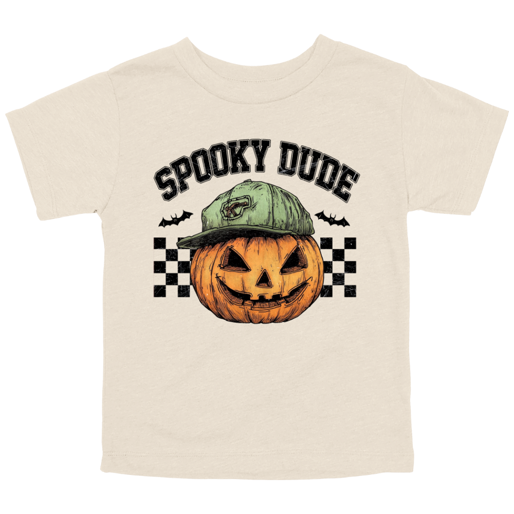 Natural toddler T-shirt with a jack-o'-lantern wearing a green cap, checkered background, and “Spooky Dude” text above