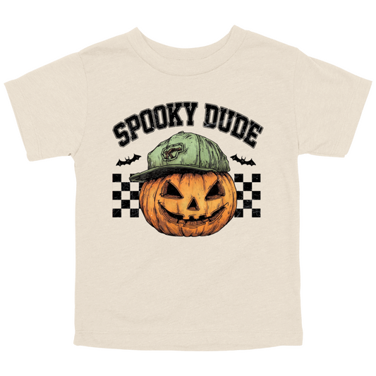Natural toddler T-shirt with a jack-o'-lantern wearing a green cap, checkered background, and “Spooky Dude” text above
