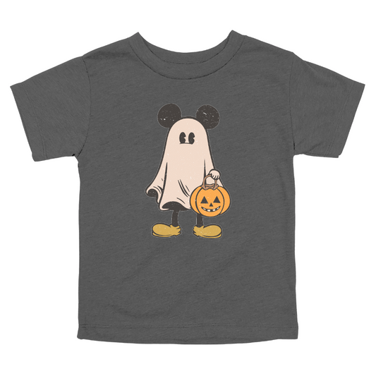 Dark Gray Toddler Halloween t-shirt with ghost dressed in Mickey-inspired costume holding a pumpkin candy bucket