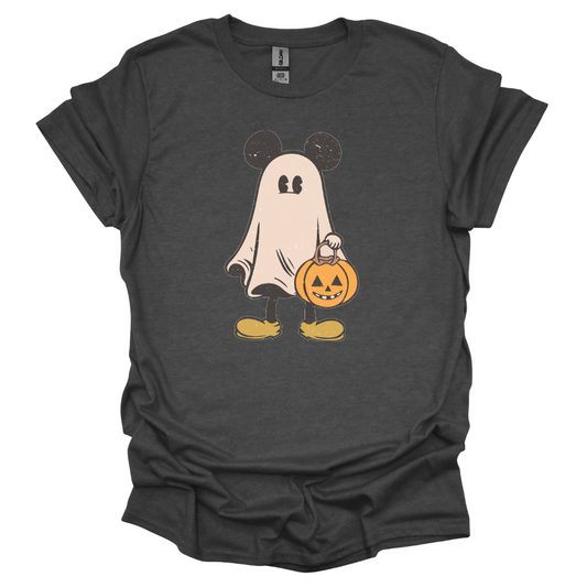 Cartoon ghost with mouse ears holding a jack-o'-lantern bucket, wearing yellow shoes on a dark gray youth T-shirt