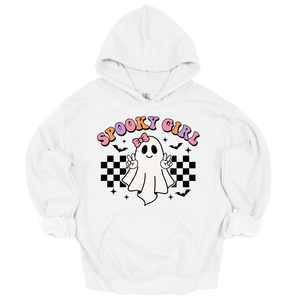 White youth Halloween hoodie with a cute cartoon ghost throwing peace signs, surrounded by checkered patterns, bats, and the words “Spooky Girl” in fun pastel letters.