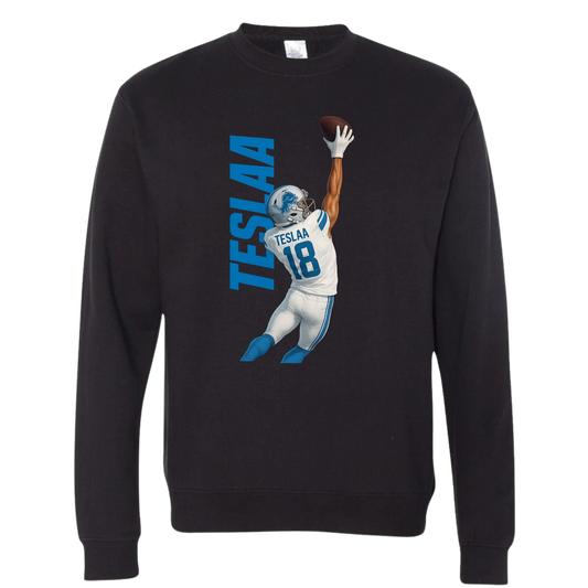 Isaac TeSlaa one-handed catch design printed on a black crewneck celebrating his first NFL touchdown with the Detroit Lions