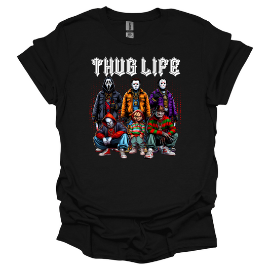 Graphic tee featuring horror movie characters sitting and standing under bold white gothic-style “THUG LIFE” text on black tee